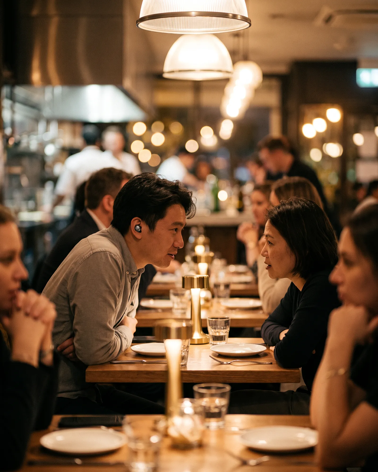 Two people talking at a small table in a busy warm lit restaurant in the evening.