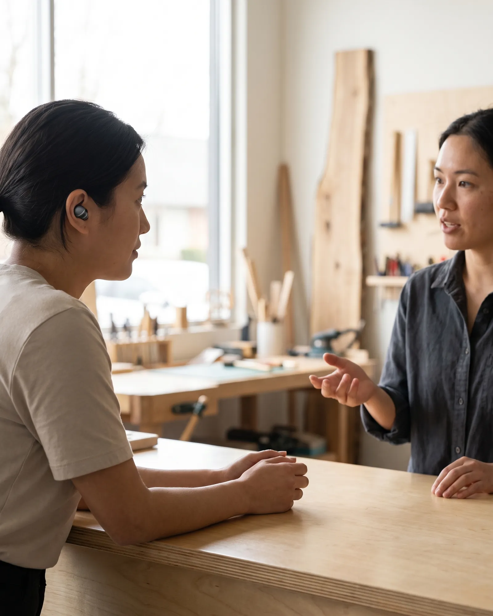 Two people talking across a workshop counter, the listener wearing the earbud with their hands empty on the counter.