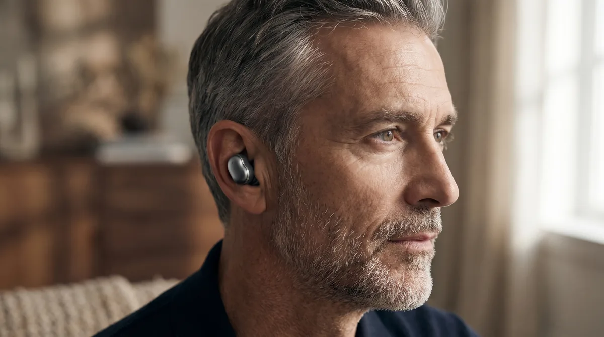 A man with grey hair listening closely to someone off camera, wearing the earbud.